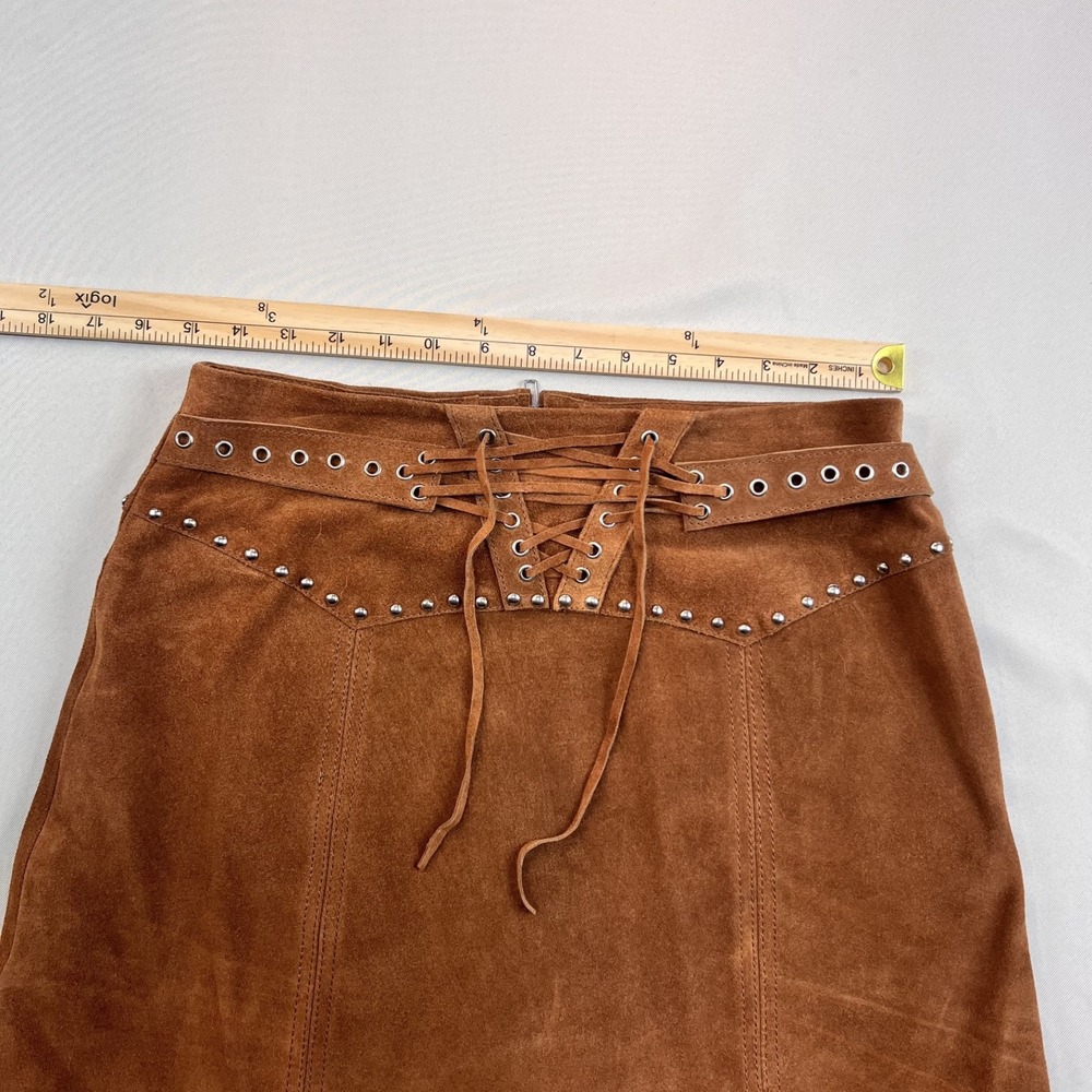 Muubaa 100% Suede Leather Mini Skirt Tan Western Boho Lace‎ Up Stud Detail Sz 10 - Picture 11 of 13